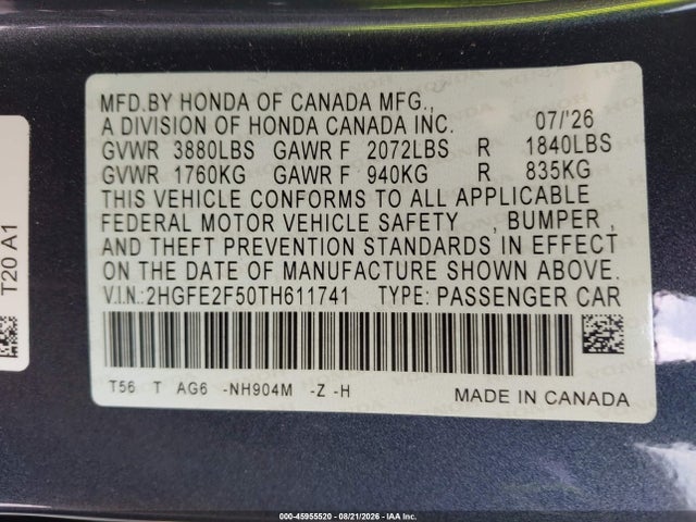 2HGFE2F50TH611741 Honda Civic Sport