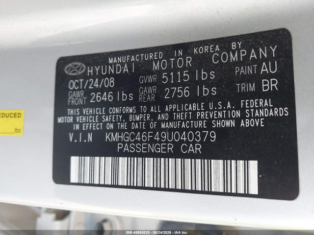 Aukcja sprzedaży 2009 Hyundai Genesis 4.6, vin: KMHGC46F49U040379, numer aukcji: 45955525