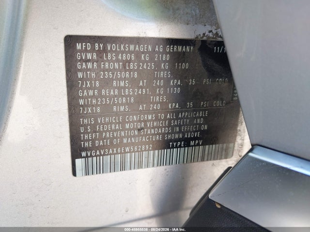 45955538 :رقم المزاد ، WVGAV3AX6EW562892 vin ، 2014 Volkswagen Tiguan Se مزاد بيع