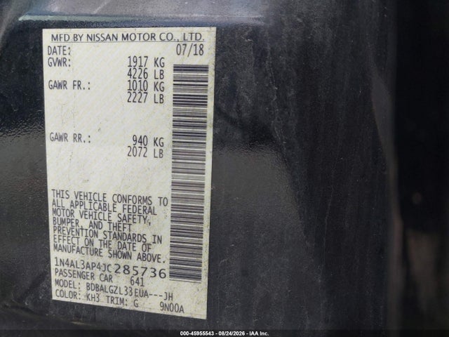 45955543 :رقم المزاد ، 1N4AL3AP4JC285736 vin ، 2018 Nissan Altima 2.5 S مزاد بيع