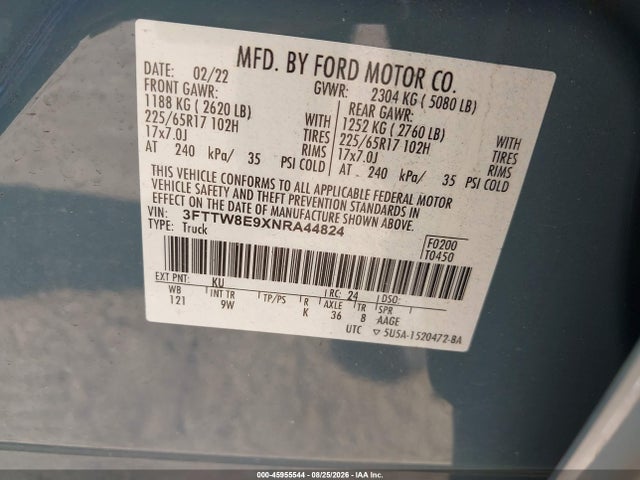 45955544 :رقم المزاد ، 3FTTW8E9XNRA44824 vin ، 2022 Ford Maverick Xl مزاد بيع