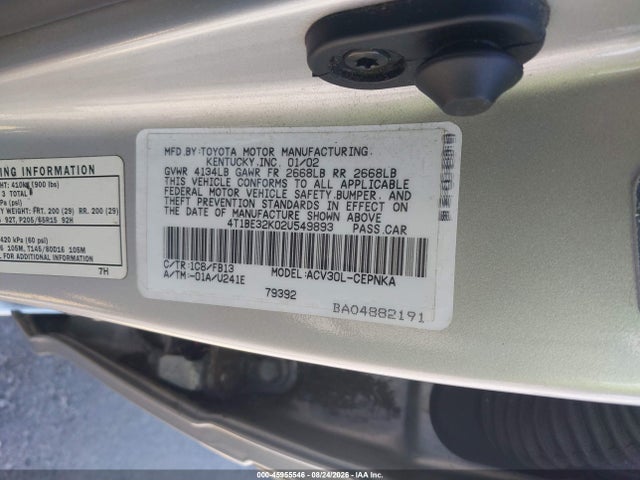 Продажа на аукционе авто 2002 Toyota Camry Le, vin: 4T1BE32K02U549893, номер лота: 45955546