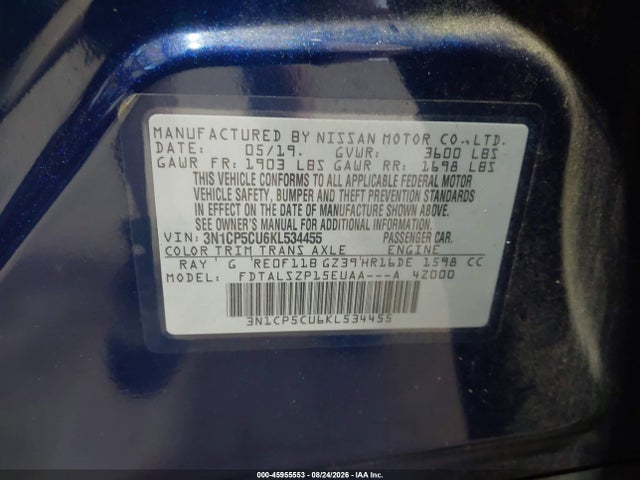 45955553 :رقم المزاد ، 3N1CP5CU6KL534455 vin ، 2019 Nissan Kicks Sv مزاد بيع