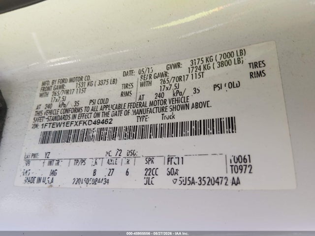 45955556 :رقم المزاد ، 1FTEW1EFXFKD49462 vin ، 2015 Ford F-150 Xlt مزاد بيع