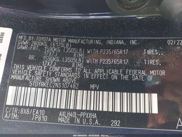 45955558 :رقم المزاد ، 5TDYRKEC2NS107482 vin ، 2022 Toyota Sienna Xle مزاد بيع