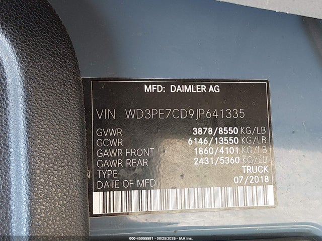 2018 Mercedes-benz Sprinter 2500 Standard Roof V6 მანქანა იყიდება აუქციონზე, vin: WD3PE7CD9JP641335, აუქციონის ნომერი: 45955581