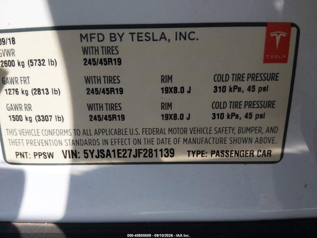 45955589 :رقم المزاد ، 5YJSA1E27JF281139 vin ، 2018 Tesla Model S 100d/75d/p100d مزاد بيع