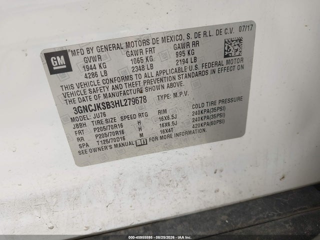 45955595 :رقم المزاد ، 3GNCJKSB3HL279678 vin ، 2017 Chevrolet Trax Ls مزاد بيع