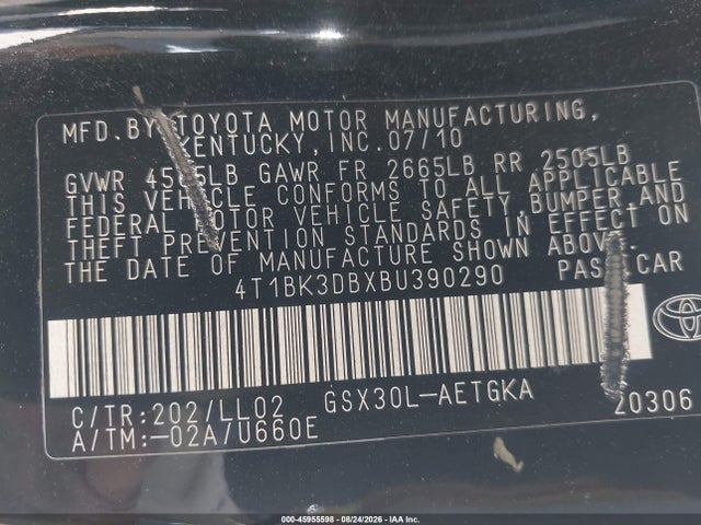 Aukcja sprzedaży 2011 Toyota Avalon, vin: 4T1BK3DBXBU390290, numer aukcji: 45955598