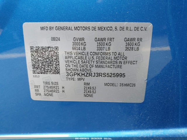 45955610 :رقم المزاد ، 3GPKHZRJ3RS525995 vin ، 2024 Honda Prologue Elite مزاد بيع