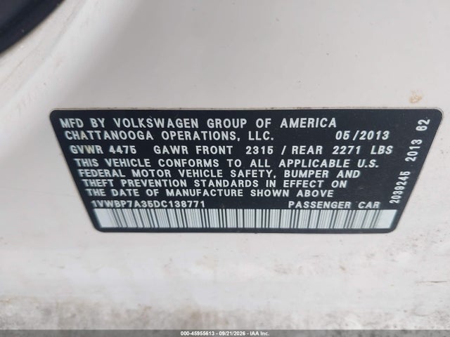 Aukcja sprzedaży 2013 Volkswagen Passat 2.5l Se, vin: 1VWBP7A35DC138771, numer aukcji: 45955613