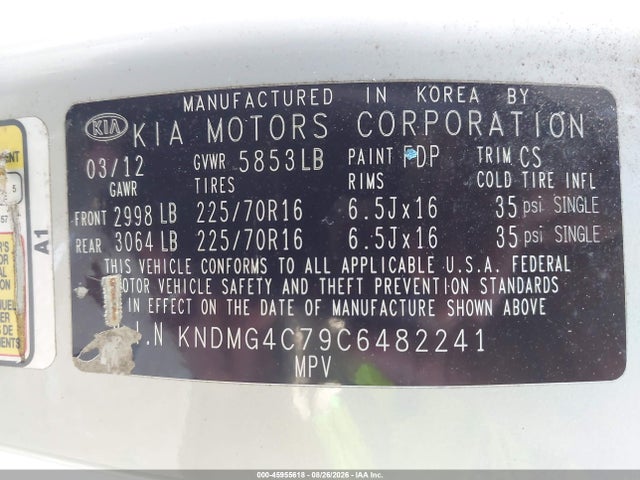 Aukcja sprzedaży 2012 Kia Sedona Lx, vin: KNDMG4C79C6482241, numer aukcji: 45955618