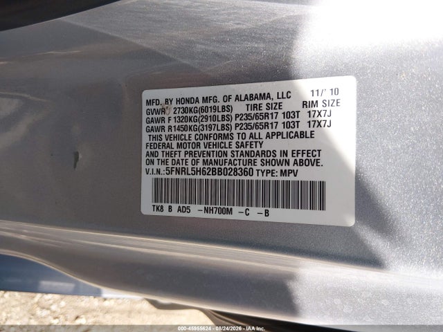 Aukcja sprzedaży 2011 Honda Odyssey Ex-l, vin: 5FNRL5H62BB028360, numer aukcji: 45955624