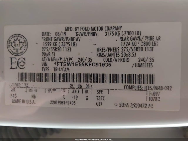 Продажа на аукционе авто 2019 Ford F150 Supercrew, vin: 1FTEW1E55KFC91965, номер лота: 45955629