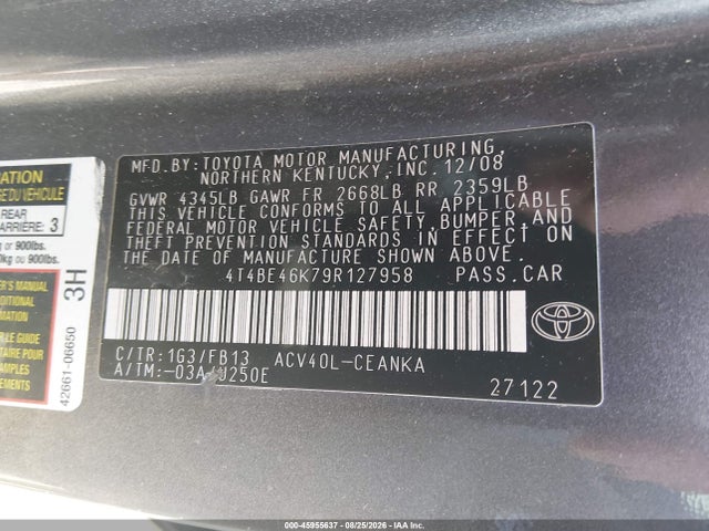 Aukcja sprzedaży 2009 Toyota Camry Le, vin: 4T4BE46K79R127958, numer aukcji: 45955637