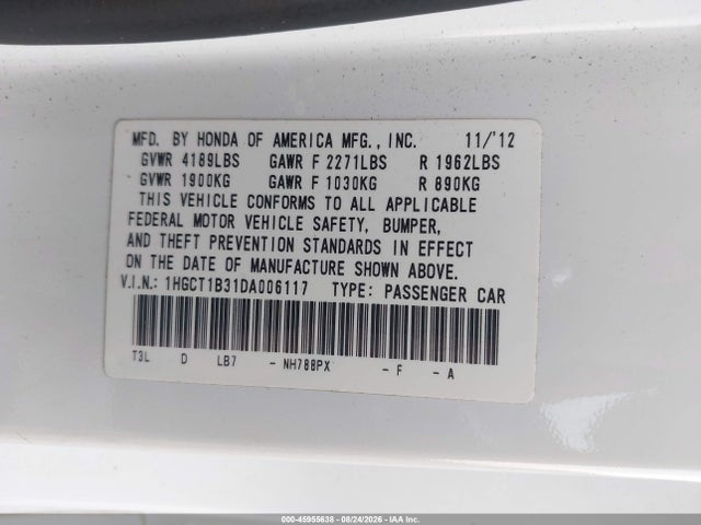 Продаж на аукціоні авто 2013 Honda Accord Lx-s, vin: 1HGCT1B31DA006117, номер лоту: 45955638