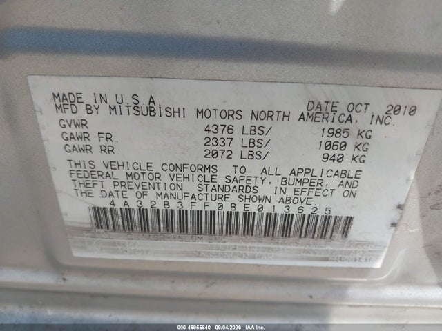 45955640 :رقم المزاد ، 4A32B3FF0BE013625 vin ، 2011 Mitsubishi Galant Es/se مزاد بيع