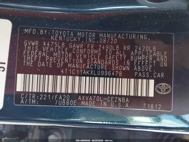 2020 Toyota Camry Le მანქანა იყიდება აუქციონზე, vin: 4T1C11AKXLU996478, აუქციონის ნომერი: 45955646