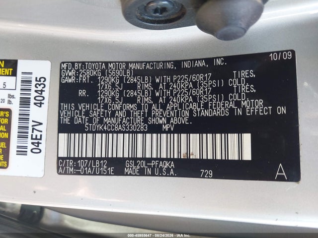 45955647 :رقم المزاد ، 5TDYK4CC8AS330283 vin ، 2010 Toyota Sienna Limited مزاد بيع