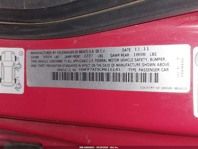 45955653 :رقم المزاد ، 3VWFP7AT9CM616141 vin ، 2012 Volkswagen Beetle Entry مزاد بيع