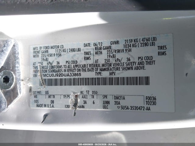 45955659 :رقم المزاد ، 1FMCU0J92DUA33865 vin ، 2013 Ford Escape Titanium مزاد بيع