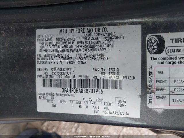 2011 Ford Fusion Se მანქანა იყიდება აუქციონზე, vin: 3FAHP0HA8BR201956, აუქციონის ნომერი: 45955661
