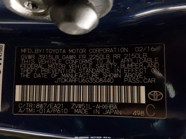 2016 Toyota Prius მანქანა იყიდება აუქციონზე, vin: JTDKARFU6G3508440, აუქციონის ნომერი: 45955669
