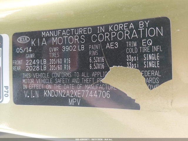 45955671 :رقم المزاد ، KNDJN2A2XE7744706 vin ، 2014 Kia Soul مزاد بيع
