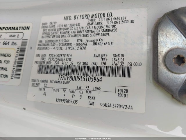 45955677 :رقم المزاد ، 1FATP8UH9L5105964 vin ، 2020 Ford Mustang Ecoboost Premium مزاد بيع