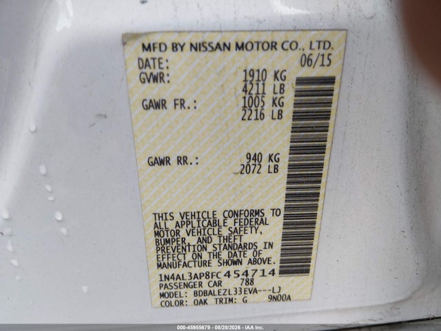 2015 Nissan Altima 2.5 S მანქანა იყიდება აუქციონზე, vin: 1N4AL3AP8FC454714, აუქციონის ნომერი: 45955679