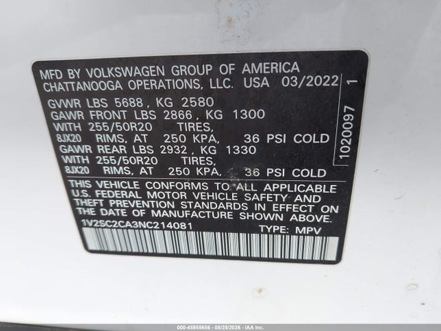 Продажа на аукционе авто 2022 Volkswagen Atlas Cross Sport 2.0t Sel R-line, vin: 1V2SC2CA3NC214081, номер лота: 45955686