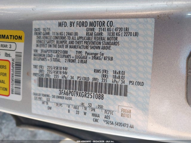 Продаж на аукціоні авто 2016 Ford Fusion Se, vin: 3FA6P0T9XGR251088, номер лоту: 45955692