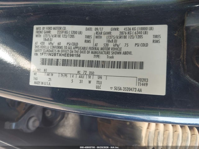 45955700 :رقم المزاد ، 1FT7W2BTXHEE98156 vin ، 2017 Ford F-250 Xlt مزاد بيع