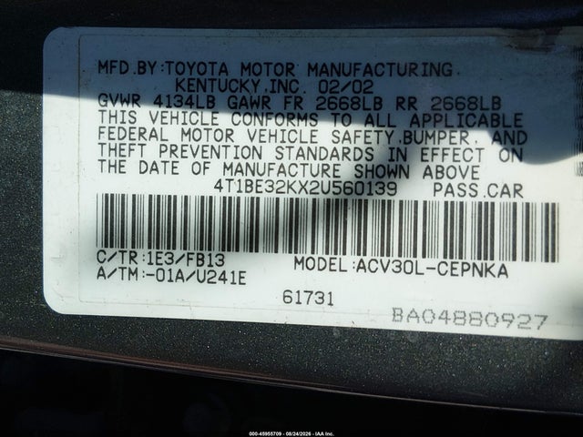 Aukcja sprzedaży 2002 Toyota Camry Le, vin: 4T1BE32KX2U560139, numer aukcji: 45955709