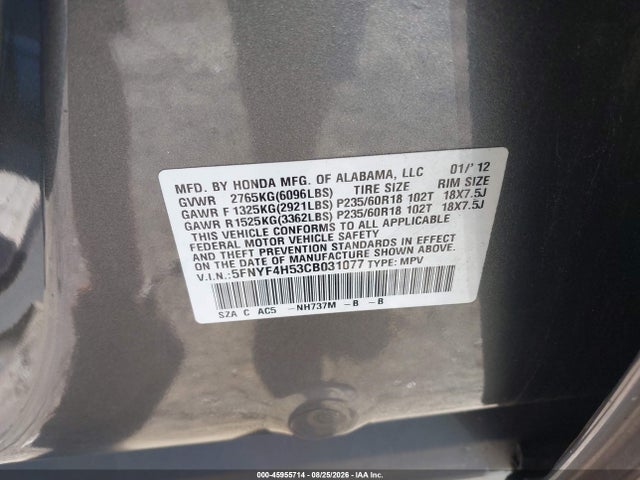 2012 Honda Pilot Ex-l მანქანა იყიდება აუქციონზე, vin: 5FNYF4H53CB031077, აუქციონის ნომერი: 45955714