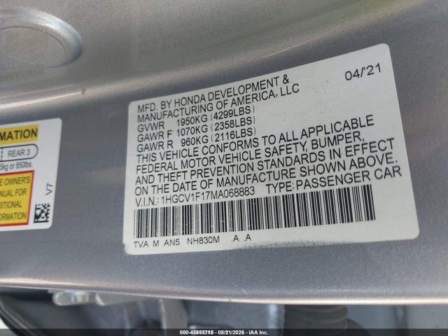 2021 Honda Accord Lx მანქანა იყიდება აუქციონზე, vin: 1HGCV1F17MA068883, აუქციონის ნომერი: 45955715