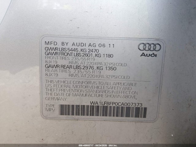 45955717 :رقم المزاد ، WA1LFBFP0CA007373 vin ، 2012 Audi Q5 2.0t Premium مزاد بيع