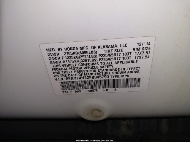 2015 Honda Pilot Lx მანქანა იყიდება აუქციონზე, vin: 5FNYF4H22FB045790, აუქციონის ნომერი: 45955723