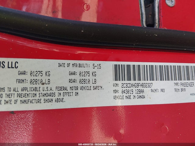 45955725 :رقم المزاد ، 2C3CDXHG9FH832327 vin ، 2015 Dodge Charger Sxt مزاد بيع
