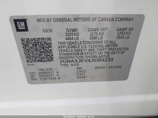 45955727 :رقم المزاد ، 2GNAXJEV4J6304233 vin ، 2018 Chevrolet Equinox Lt مزاد بيع