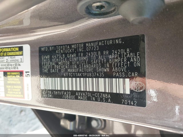 Продажа на аукционе авто 2023 Toyota Camry Le, vin: 4T1C11AK1PU837435, номер лота: 45955745
