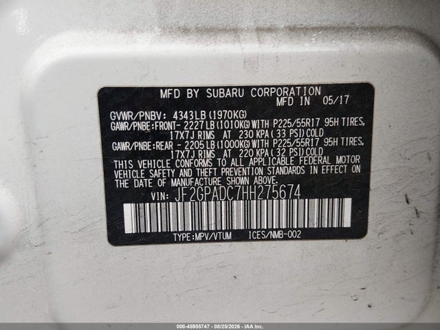 2017 Subaru Crosstrek 2.0i Premium მანქანა იყიდება აუქციონზე, vin: JF2GPADC7HH275674, აუქციონის ნომერი: 45955747