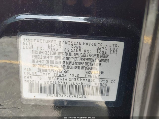 Aukcja sprzedaży 2019 Nissan Sentra Sv, vin: 3N1AB7AP4KY451253, numer aukcji: 45955748
