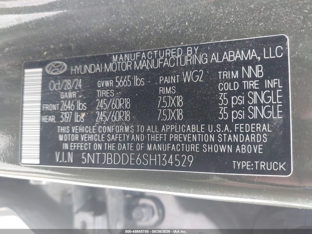 Продаж на аукціоні авто 2025 Hyundai Santa Cruz Sel, vin: 5NTJBDDE6SH134529, номер лоту: 45955750