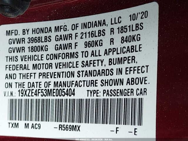 Honda INSIGHT EX 2021 19XZE4F53ME005404 Image 9