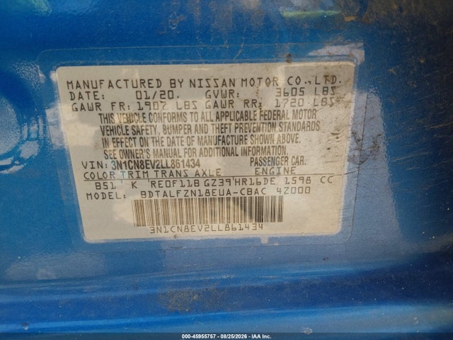 45955757 :رقم المزاد ، 3N1CN8EV2LL861434 vin ، 2020 Nissan Versa Sv Xtronic Cvt مزاد بيع