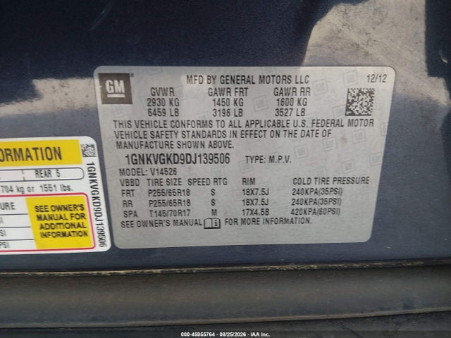 45955764 :رقم المزاد ، 1GNKVGKD9DJ139506 vin ، 2013 Chevrolet Traverse Lt مزاد بيع