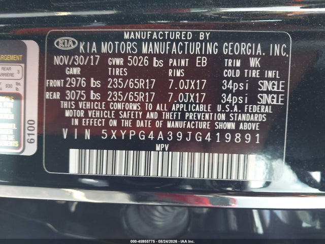 Aukcja sprzedaży 2018 Kia Sorento 2.4l Lx, vin: 5XYPG4A39JG419891, numer aukcji: 45955775