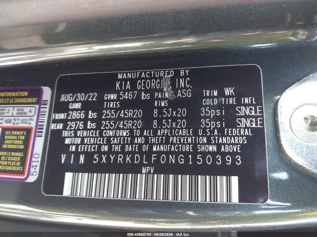 Aukcja sprzedaży 2022 Kia Sorento X-line Sx Prestige, vin: 5XYRKDLF0NG150393, numer aukcji: 45955780