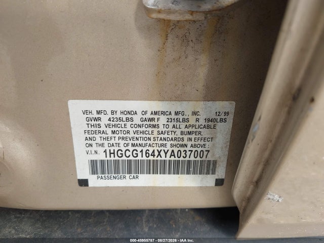 45955787 :رقم المزاد ، 1HGCG164XYA037007 vin ، 2000 Honda Accord 3.0 Lx مزاد بيع